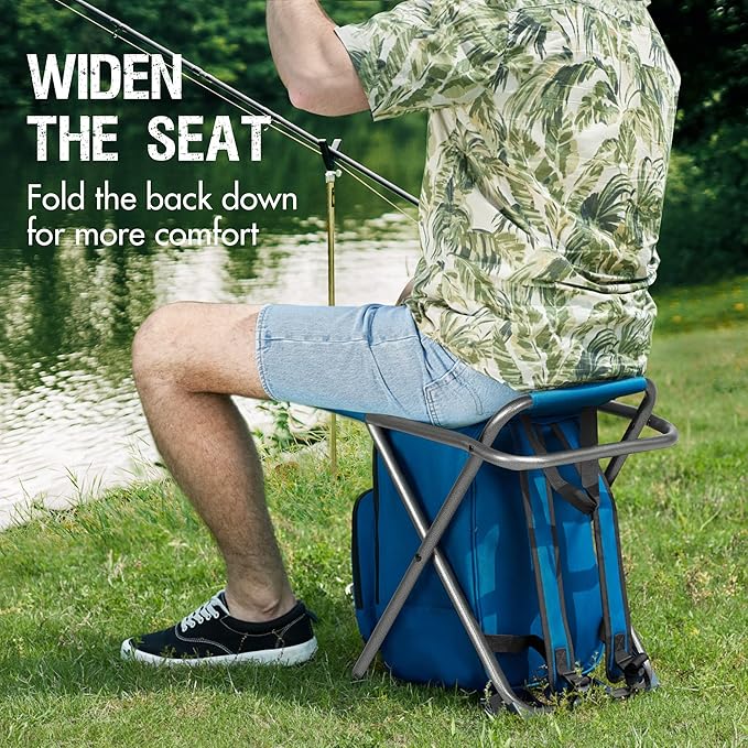 PORTAL Backpack Cooler Chair Fishing Chairs with Backrest Folding Camping Stool Compact for Outdoors Hiking Hunting Travel, Supports 225 lbs Capacity