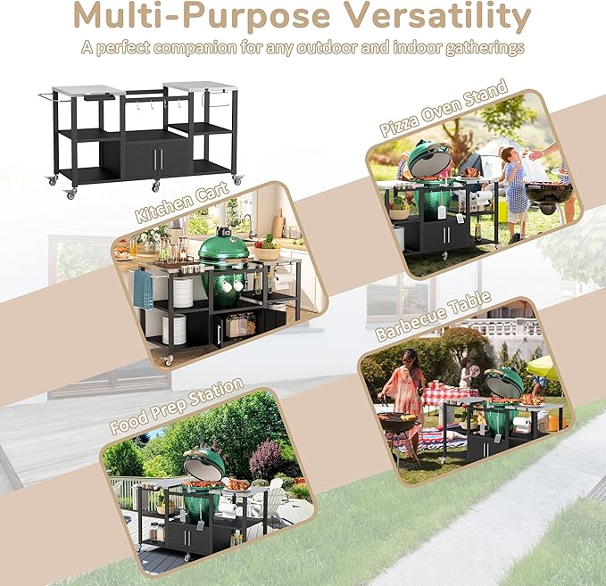 MUPATER 65" L × 24" D × 33" H Outdoor Grill Table, Movable Stainless Steel Grill Cart for Large Big Green Egg, Multi-Purpose Versatility Kitchen Cooking Prep Table BBQ Cart for Party, Camping