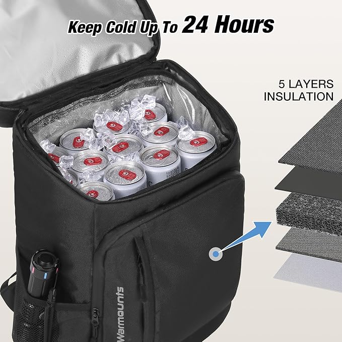 WARMOUNTS Insulated Waterproof Cooler Backpack 36 Cans, Soft Sided Ice Chest Cooler w/Leak Proof Liner, 5-Layer Insulation Portable Lunch Backpack for Camping, Beach, Fishing, Picnic, Travel (Black)
