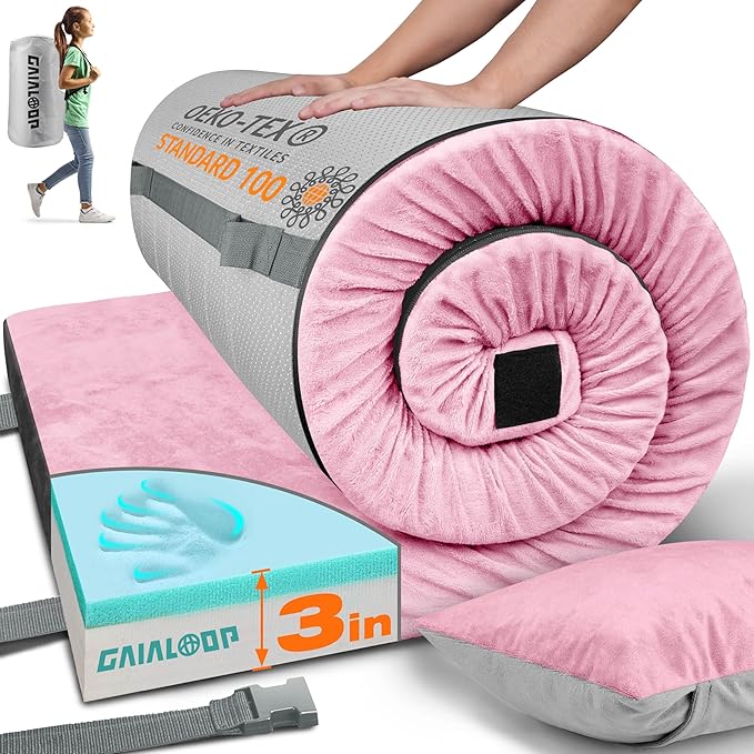3 Inch Memory Foam Camping Mattress, Dual Layer Thick Sleeping Camp Pad for Car Tent Cot, Roll-Up Portable Glamping Floor Bed for Guests Sleepover