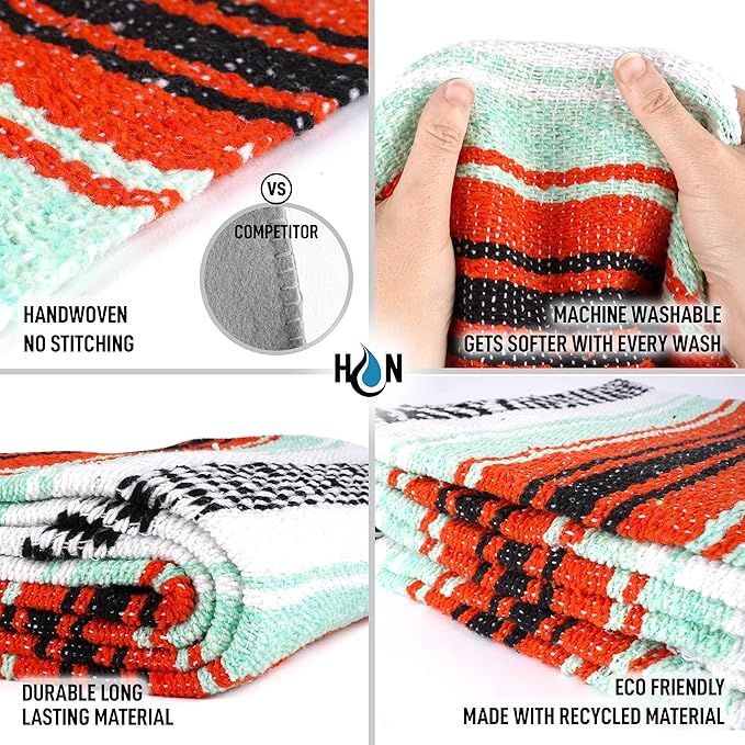 Authentic Extra Large Mexican Blanket - 70"x50" Handwoven Yoga, Serape, Artisanal Falsa, Beach, Camping, Picnic, Outdoor Blanket (Mint Orange)