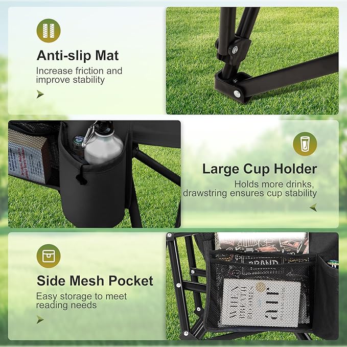 LET'S CAMP Oversized Camping Chairs 29.52" High Back Heavy Duty Lawn Chair Support 500LBS, Portable Collapsible Chair with Cup Holder, Side Pocket(Black)