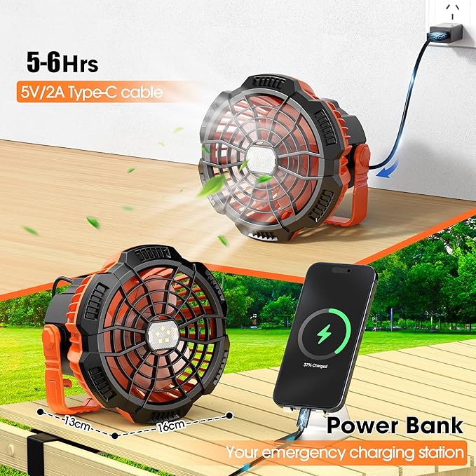 Portable Camping Fan & Lantern, (40H Max Working) Rechargeable Battery Operated Fans & Hook, 15000mAh Glamping Tent Hanging Fan for Car Camping Essentials Accessories,Hiking,Hurricane Survival Gear