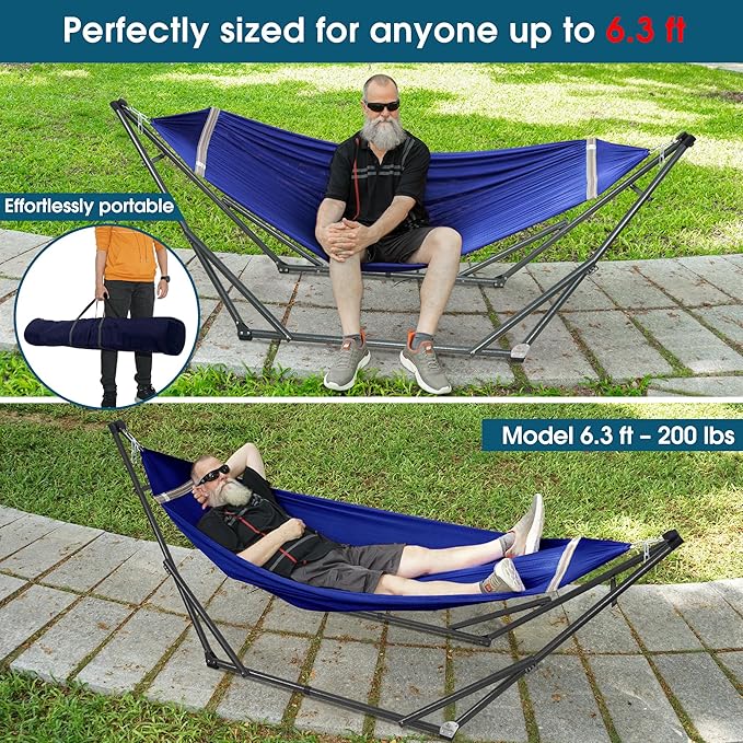 Tranquillo Camping Hammock and Stand, Collapsible Camping Hammock with Stand, 600 lbs Capacity Foldable Hammock for 2 Persons, Premium Noiseless No Screws Heavy Duty Multifunctional Stand, Blue