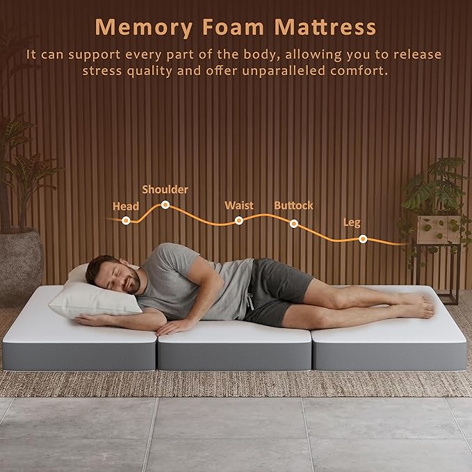 Greaton, 5-Inch Tri-Folding Gel Memory Foam Portable Floor Mattress | Breathable Mesh, Ultra Soft, Cot Pad, Removable and Washable Cover, Comfortable Support, Therapeutic Qualities, Full, White