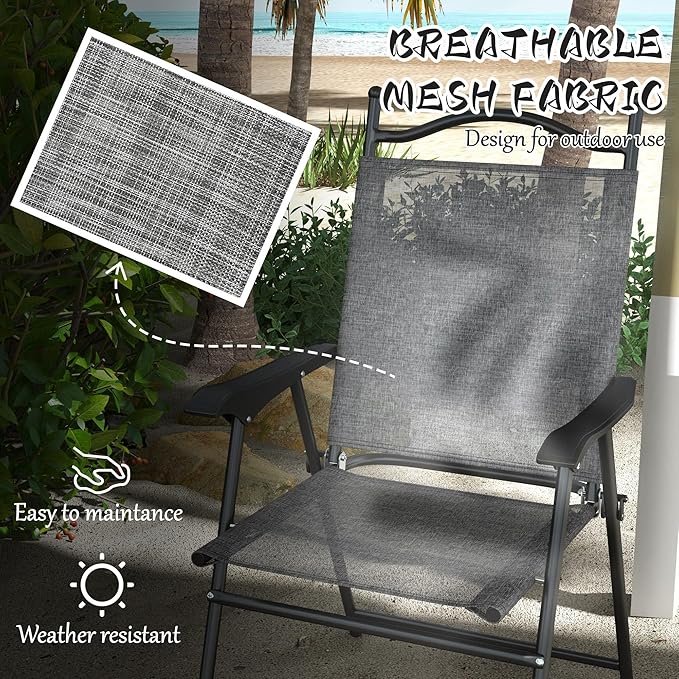 Outsunny Folding Patio Chairs, Set of 4 Sports Chairs for Adults, Camping Chairs with Armrests, Breathable Mesh Fabric Seat for Lawn, Gray