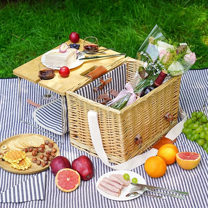 Wicker Picnic Basket for 2 with Detachable Table, Elasticated Wine Holder, Shoulder Carrying Willow Picnic Hamper Set with Premium Tableware & Blanket for Outdoor, Wedding, Anniversary, Birthday Gift