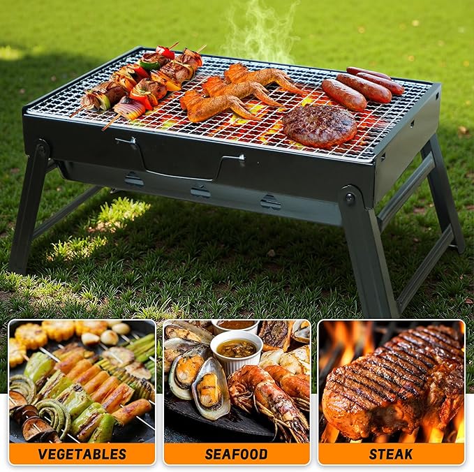 17" Portable Charcoal Grill, Folding Portable BBQ Charcoal Grills, Tabletop Mini Smoker, Small BBQ Grill, for Backyard, Outdoor Cooking, Camping, Travel, Beach