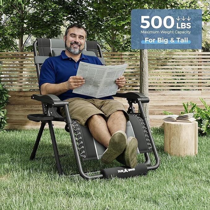 UDPATIO Oversized Zero Gravity Chair, Outdoor Full Padded Recliner, Patio Folding Adjustable Reclining Seat with Cup Holder, Footrest & Headrest for Camping Indoor, 500LBS Support,Black/Gray,33in