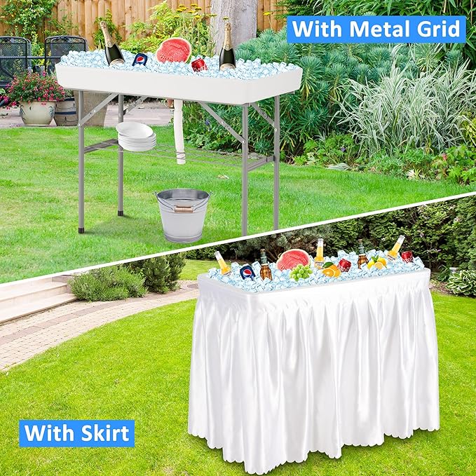 Dragosum Outdoor Cooler Table with Drain, Folding Ice Cooler Table with Removable Matching Skirt, Portable Table Coolers 4 Foot for Party BBQ Camping Wedding