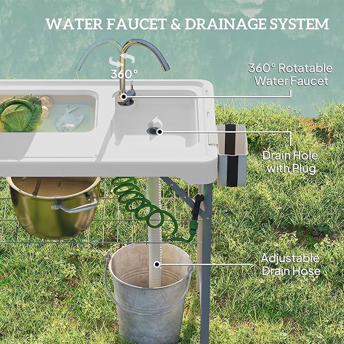 Outsunny Folding Fish Cleaning Table with Sinks, Portable Camping Sink Table with Faucet, Drainage Hose, Sprayer, Shelf, Drawer and Storage Basket, Outdoor Fillet Table for Picnic Beach Patio, White