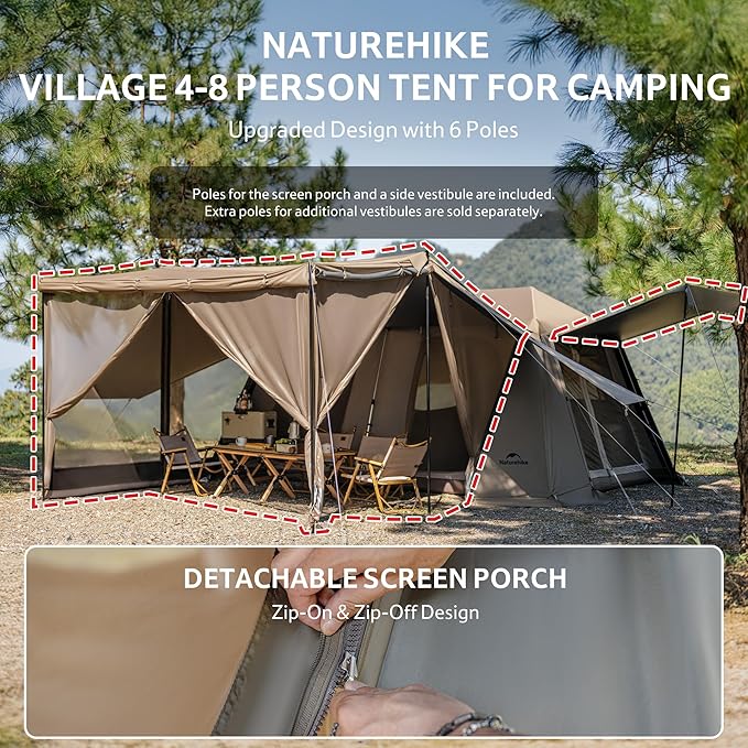 Naturehike Village Instant Tent, 4 Person 8 Person Camping Tent with Full Rainfly, Waterproof Large Cabin Tents for Car Camping