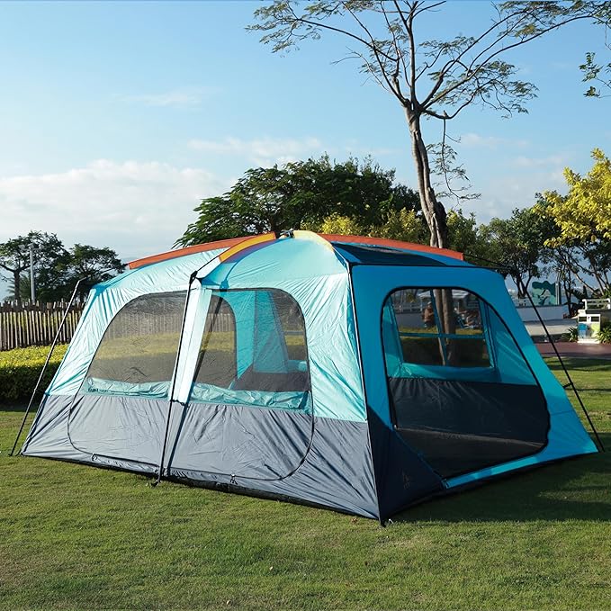 KTT Extra Large Tent 12 Person(A),Awning Family Cabin Tents,2 Rooms,4 Doors and 4 Windows with Mesh,Straight Wall,Waterproof,Double Layer,Big Tent for Outdoor,Picnic,Camping,Family Gathering。
