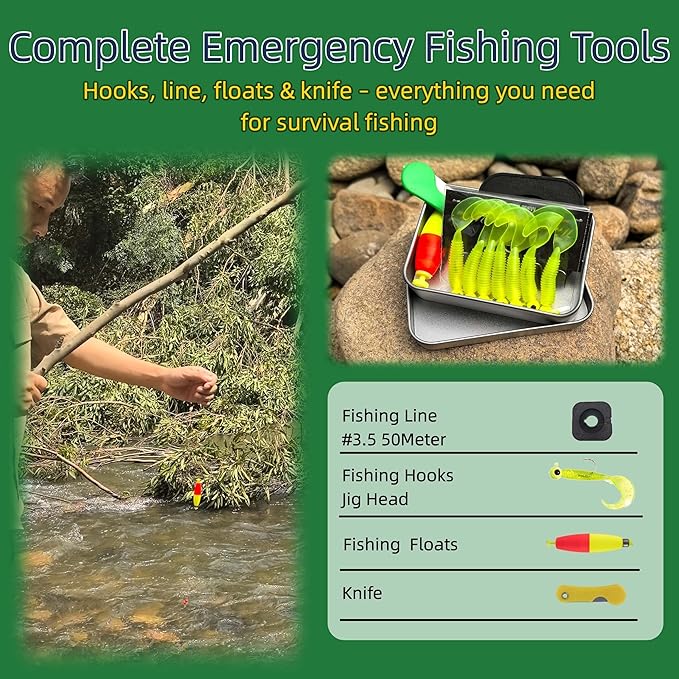Mini Survival Fishing Kit–Compact Emergency Gear for Camping,Hiking,Bushcraft,Backpacking Small Tackle Box with Hooks,Line,Tools