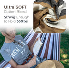 Backyard Expressions Double Camping Hammock with Steel Stand & Carrying Bag, Adjustable Height, Ultra Soft Cotton Blend, 550 lb Capacity, Indoor & Outdoor Portable Hammock