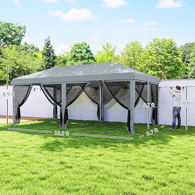 Outsunny 10' x 20' Pop Up Canopy Tent with Netting, Heavy Duty Instant Sun Shelter, Large Tents for Parties with Carry Bag for Outdoor, Garden, Patio, Gray