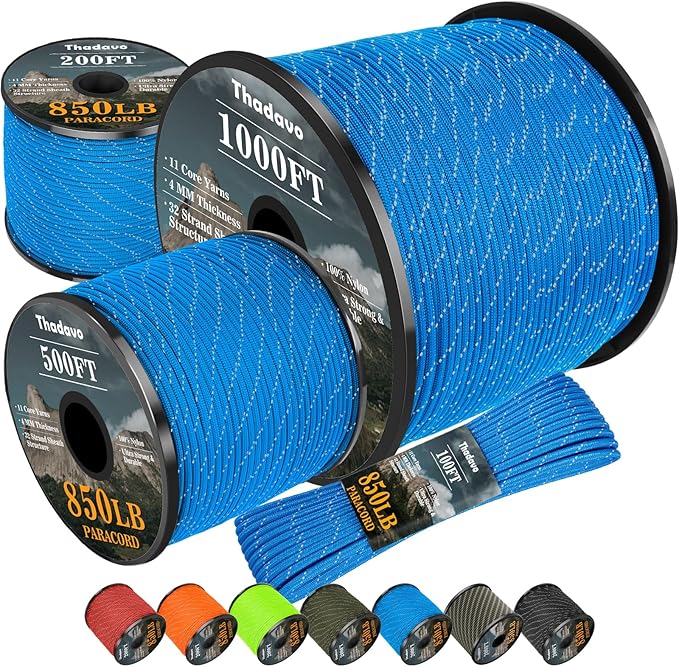 Reflective Paracord Rope 850Ib, 50/100/200/500/1000ft 4MM 11 Strand Strong Parachute Cord, Heavy Duty Paracord Rope for Tent Camping, Hiking, DIY Crafts Survival Bracelet, Blue 1000FT