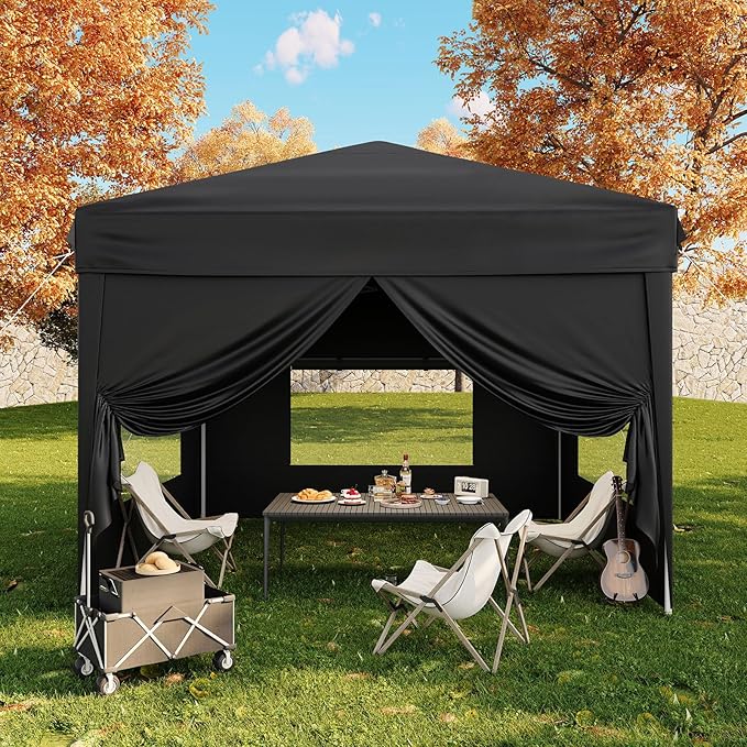 10x10 Pop Up Canopy Tent with 4 SideWalls, Easy Up Canopy with 3 Adjustable Height, Outdoor Sun Shade with 4 Sandbags & Carrying Bag for Camping, Parties,Outdoor Events-Black