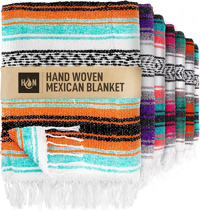 Authentic Extra Large Mexican Blanket - 70"x50" Handwoven Yoga, Serape, Artisanal Falsa, Beach, Camping, Picnic, Outdoor Blanket (Mint Orange)
