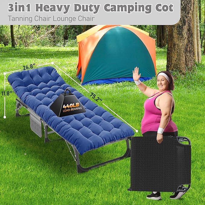 ABORON 5 Positions Camping Cots for Adults,Outdoor Folding Sleeping Cot/Mat,Folding Chaise Lounge Chair with Pillow,Portable Reclining Chair for Beach Lawn Camping Pool,Sunbathing Chairs