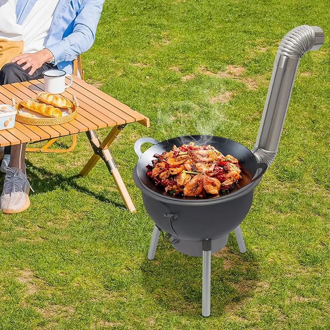 Wood Burning Stove with Grill Rack, Portable Camping Rocket Stove Chimney Charcoal Grill & 4 Wok Rings, for Outdoor Backyard Cooking, Picnic and Barbecue (Black, 20.5 in)