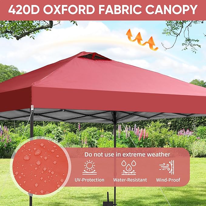 GDY 12x12 Pop Up Canopy Patio Carpas, One Push Set up with Central Lock Canopy with Wheeled Carry Bag, Included 4 Sandbaogs,8 Stakes and 4 Ropes, Red