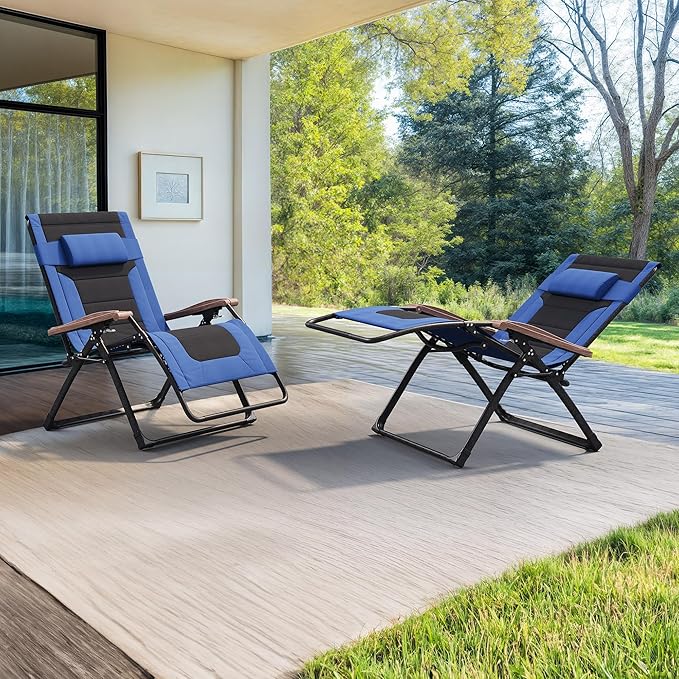 PURPLE LEAF Extra Wide Outdoor Reclining Chair Patio Zero Gravity Chaise Lounge Folding Chair with Quilted Cushion Adjustable Headrest for Lawn Camping Beach Pool Navy Blue and Black