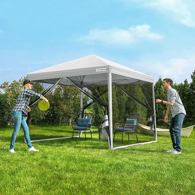 VIVOHOME 8x8ft Easy Pop-Up Canopy, Outdoor Screen Tent with Mosquito Netting, 2 Zipper Doors, and Roller Bag for Yard Camping Picnic Party Events, White
