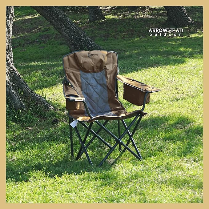 ARROWHEAD OUTDOOR 2-Pack Portable Folding Camping Quad Chair w/ 6-Can Cooler, Cup & Wine Glass Holders, Heavy-Duty Carrying Bag, Padded Armrests, Headrest & Seat, Supports up to 550lbs