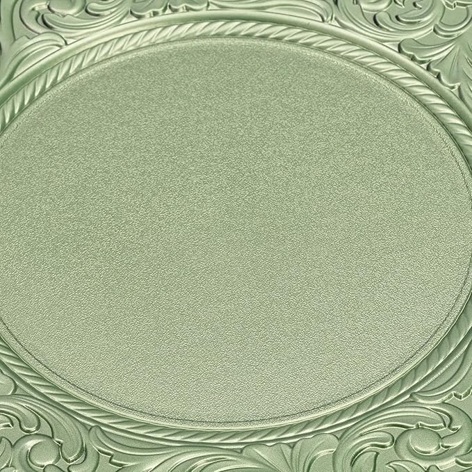 100 Pcs 13 Inch Green Charger Plates, Bulk PP Wedding Chargers with Floral Reef Design Decorative Round Ruffled Rim Dinner Plates for Wedding Party Event Table Setting Decoration