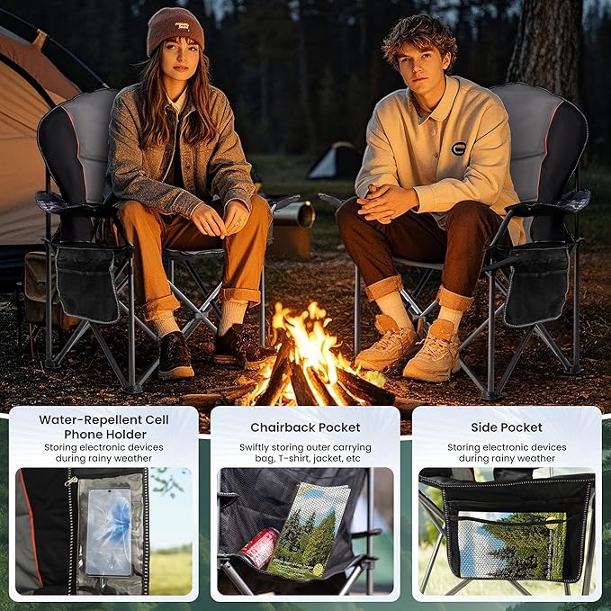 Folding Camping Chairs for Adults - High Back Padded Outdoor Lawn Chairs with Lumbar Support & Cup Holder (Black & Gray, 1 Pack)