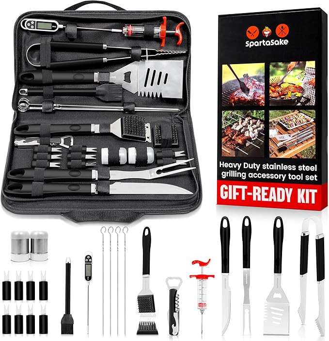 SpartaSake Premium Stainless Steel BBQ Grilling Accessories with Black Handles - Barbecue Gill Accessories Set for Blackstone Griddle - Outdoor Camping Grill Set for BBQ for Dad Men Women (24-Pack)
