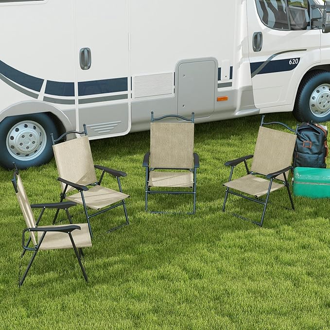 Outsunny Folding Patio Chairs, Set of 4 Sports Chairs for Adults, Camping Chairs with Armrests, Breathable Mesh Fabric Seat for Lawn, Beige