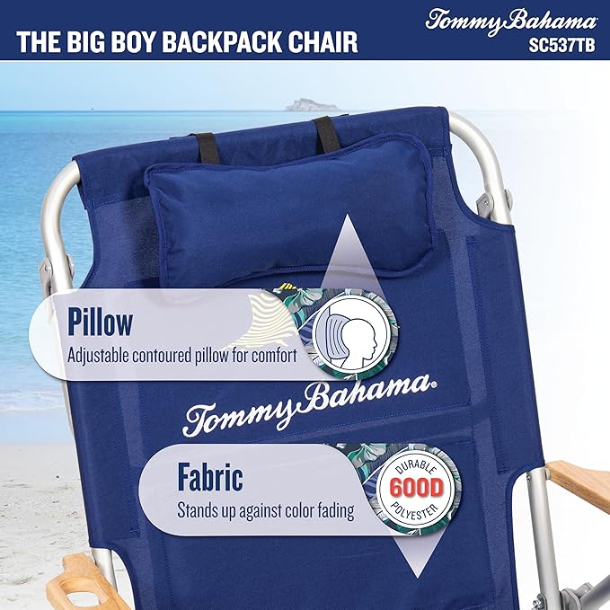 Tommy Bahama Wide Seat Big Boy 4-Position Folding 13" High Seat Backpack Beach or Camping Chair, Navy