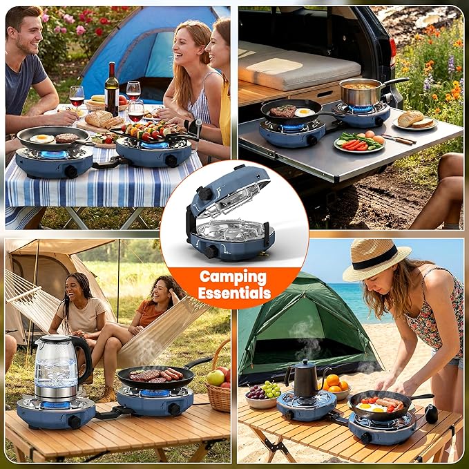 20,000 BTUs 2 Burner Propane Camping Stove, Portable Folding Camp Stove with Adjustable Burners, Built-in Ignition and Carrying Bag, Dual Gas Stoves for Tailgating, Camping, BBQ Overland Grey