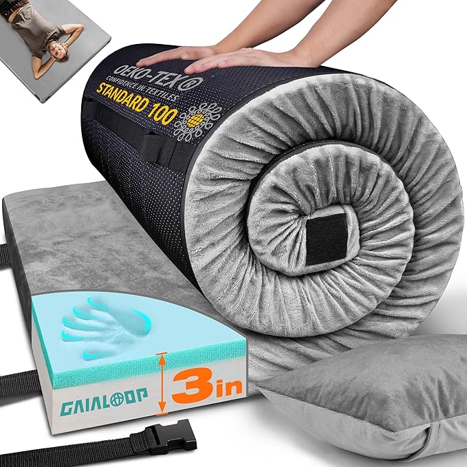 3 Inch Memory Foam Camping Mattress, Dual Layer Thick Sleeping Camp Pad for Car Tent Cot, Roll-Up Portable Glamping Floor Bed for Guests Sleepover