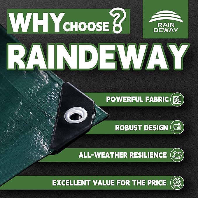 RAINDEWAY Tarps 16x20 Feet,Tarp Waterproof,5.5 Mil Thick, Multipurpose Waterproof Poly Tarp Cover with Metal Grommets and Reinforced Edges,Green Tarps