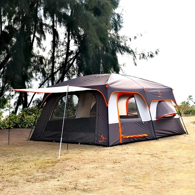 KTT Extra Large Tent 10-12-14 Person(B),Family Cabin Tents,2 Rooms,3 Doors and 3 Windows with Mesh,Straight Wall,Waterproof,Double Layer,Big Tent for Outdoor,Picnic,Camping,Family Gathering
