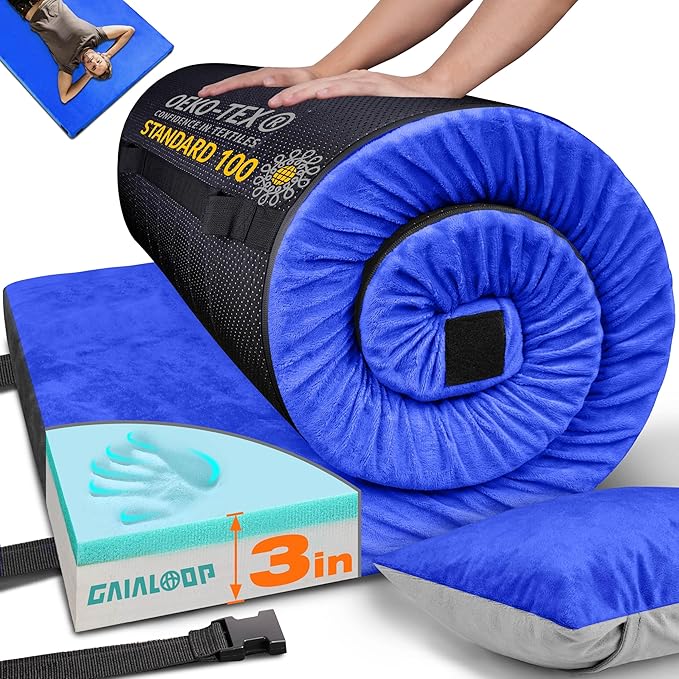3 Inch Memory Foam Camping Mattress, Dual Layer Thick Sleeping Camp Pad for Car Tent Cot, Roll-Up Portable Glamping Floor Bed for Guests Sleepover