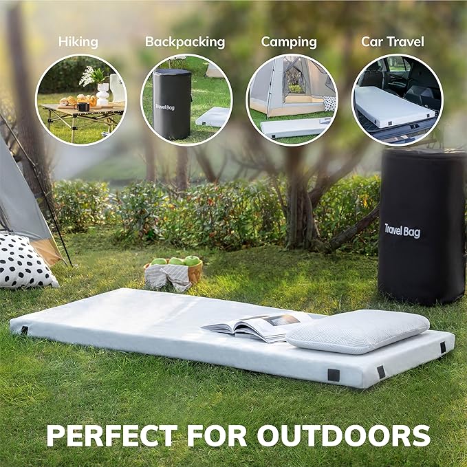 EGO Roll up Single Small Mattress Memory Foam CertiPUR-US Certified, Roll Up Floor Mattress Mat for Camping, Sleeping Pad, Portable with Travel Bag