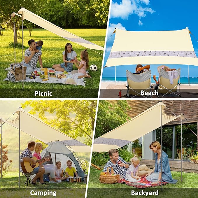 VILLEY Beach Tent Sun Shelter with UPF50+ Protection for 5 Person, 8x7FT Portable Sun Shade with 2 Stability Poles and 4 Sandbags, Outdoor Beach Canopy for Camping, Picnics, Fishing, Outdoors(Khaki)