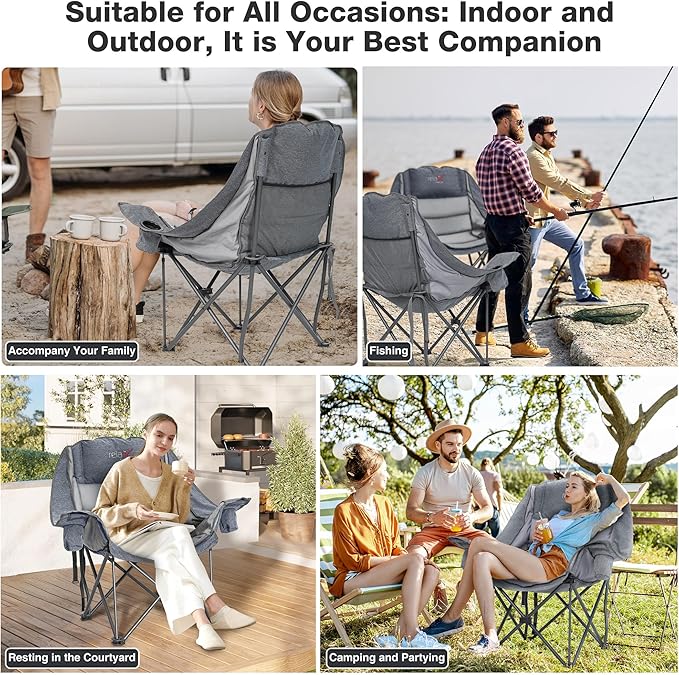 2 Pack Oversized Camping Chair, Portable Folding Padded Camp Chairs with Side Pocket, Cup Holder, Heavy Duty Support 500LBS Outdoor Lounge Chair for Adults, Fishing, Sports, Trip, Grey