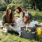 Tirrinia Large Insulated Picnic Basket, 34L Water-Resistant & Leakproof Collapsible Portable Cooler Basket with Aluminium Handle for Travel, Shopping, Camping, Foldable Grocery Bag, Grey