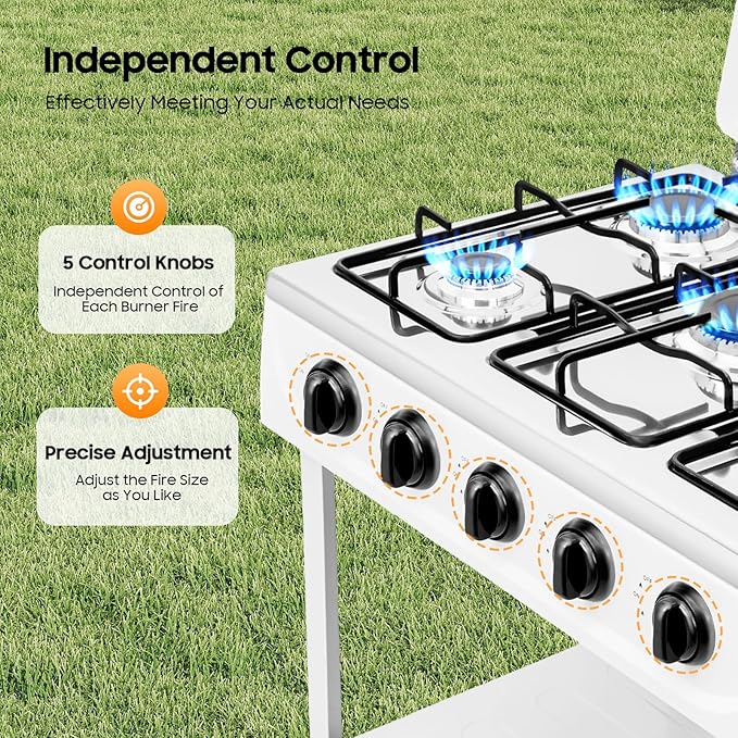 5 Burner Gas Stove Portable Natural Gas Camping Grill Stove Floor Standing Cooktop Cooker with Storage Stand and Wind Blocking Cover Manual Ignition for Outdoor RV (White)