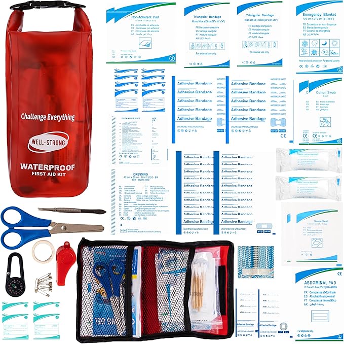 Boat First Aid Kit Waterproof, WELL-STRONG Marine Emergency Kit with Roll Top Dry Bag for Boating Fishing Kayaking – Water-Resistant Contents for Camping & Beach（Transparent Red）