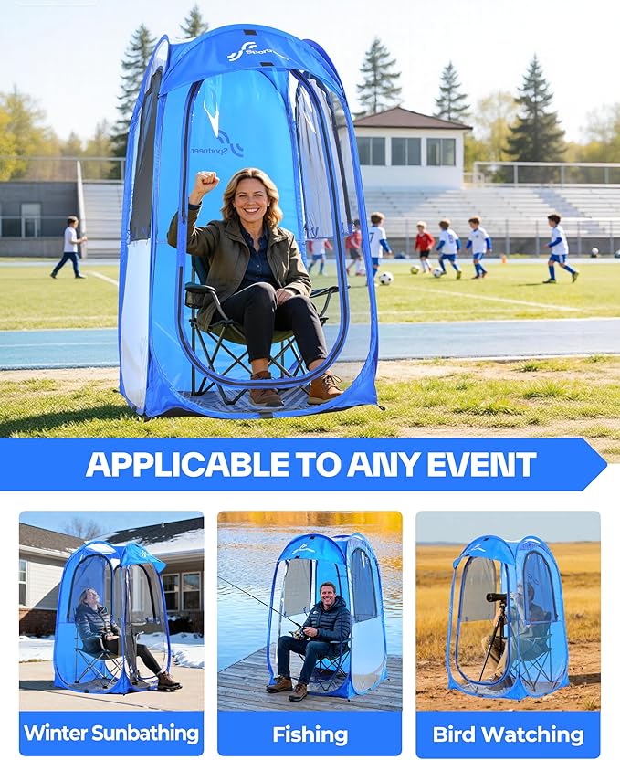 Sportneer Pop Up Sports Tent, 3-Side Clear TPU Transparent Shelter, All-Weather Warm Outdoor Bubble Pod with Instant Setup, Portable Wind & Rain Protection for Spectators, Parents & Kids (L/XL)