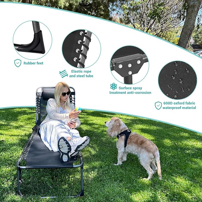 #WEJOY Folding Lounge Chair Outdoor, 5-Position Adjustable Sunbathing Tanning Chair with Shoulder Strap & Side Pocket, Heavy Duty Reclining Chair for Patio Pool Camping, Portable Folding Bed Cot,Black
