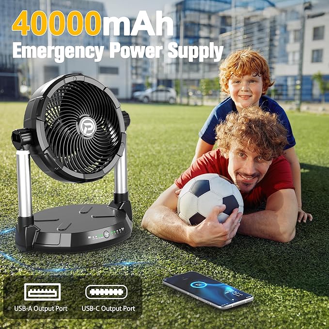 40000mAh Battery Fan with 65H Runtime, 12" High-Velocity 4-Speed Floor Fan, 18-34.6" Dual Stand Height Adjustable & 180°Tilt, Dual Outputs, Cordless for Indoor, Outdoor Camping, Travel, Power Outage