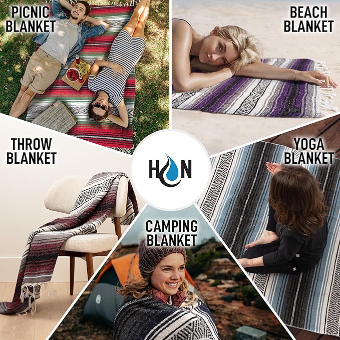 Hydration Nation Authentic Extra Large Mexican Blanket (70"x50") - Handwoven Yoga, Serape - Artisanal Falsa, Beach, Camping, Picnic, Outdoor (Blue Haze)