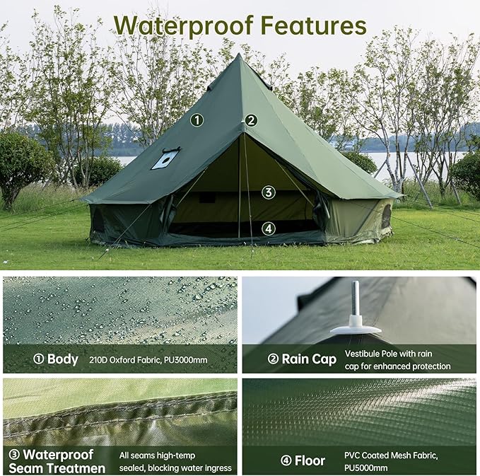 Oxford Bell Tent for Family Camping - Spacious 13.1ft /16.4ft Yurt with Stove Jack, Large Glamping Tents for 4-8 People, 4 Season Oxford Hot Tent Shelter